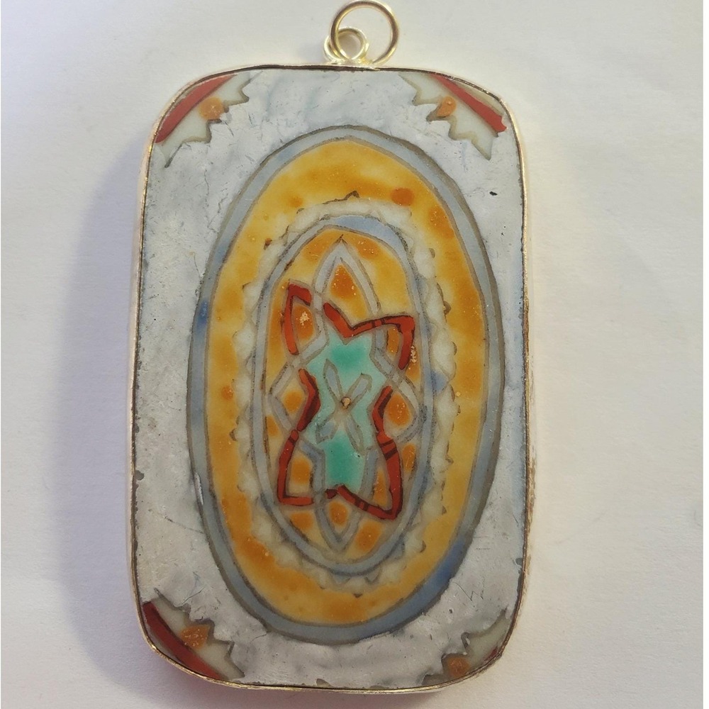 Mexican Tile Pottery Shard Pendant Large Vintage Hand Painted Talavera Focal - Picture 11 of 12